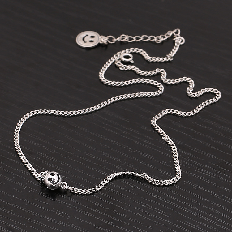 厂家直销s925纯银韩风笑脸珠子挂牌男女项链个性创意银链一件代发