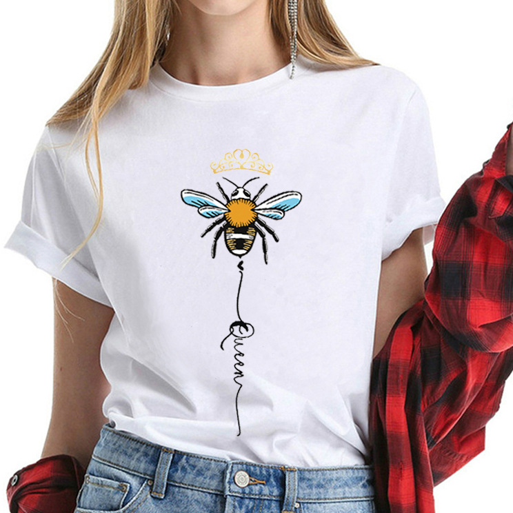 wish 亚马逊外贸t恤女bee queen印花上衣 欧美短袖t恤女