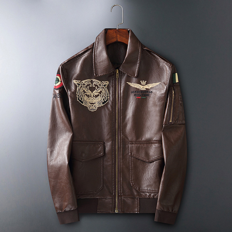 男士皮衣欧货pu皮夹克老虎头刺绣欧洲站男装翻领棕色秋外套男潮牌