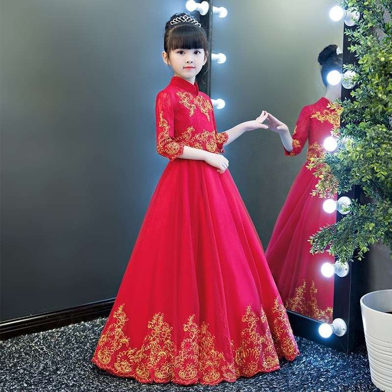 女童红公主长裙儿童花童婚纱礼服演出服秋冬装小女孩冬季钢琴走秀