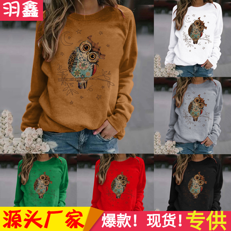 亚马逊 eBay wish 速卖通 独立站 猫头鹰 图案印花长袖圆领卫衣女