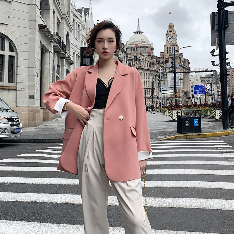 粉色西装外套女春秋季韩版宽松休闲大码胖mm网红英伦风小西服上衣