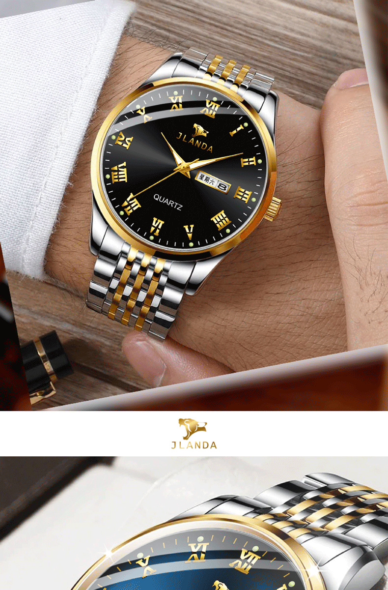 金丰达非机械石英表商务小众男士手表双历男表夜光防水不锈钢表带