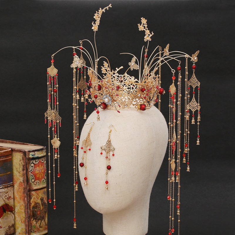 中式新娘秀禾服头饰新款古装婚礼发饰古代皇后大婚流苏步摇凤冠女