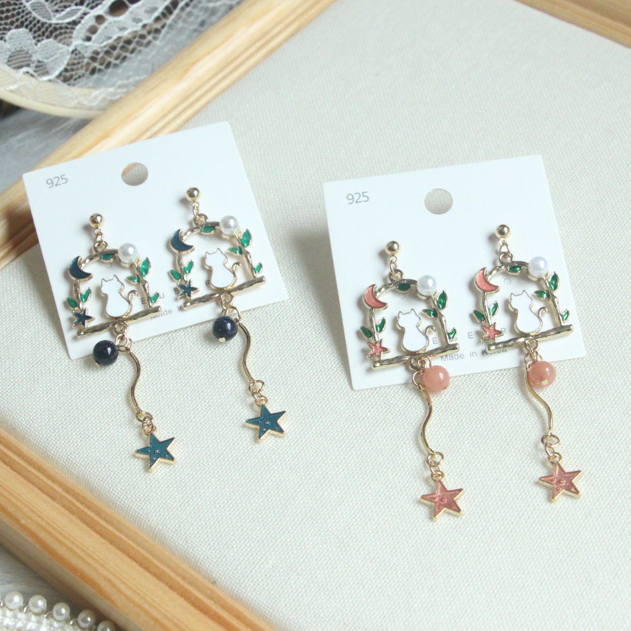 原创s925银针韩版简约耳环女学生闺蜜卡通可爱猫咪星月长款耳饰