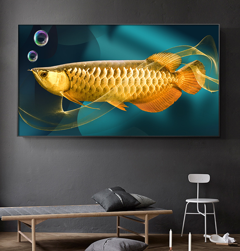 后现代轻奢餐厅墙面钻石画横版金龙鱼饭厅餐饮招财玄关简约