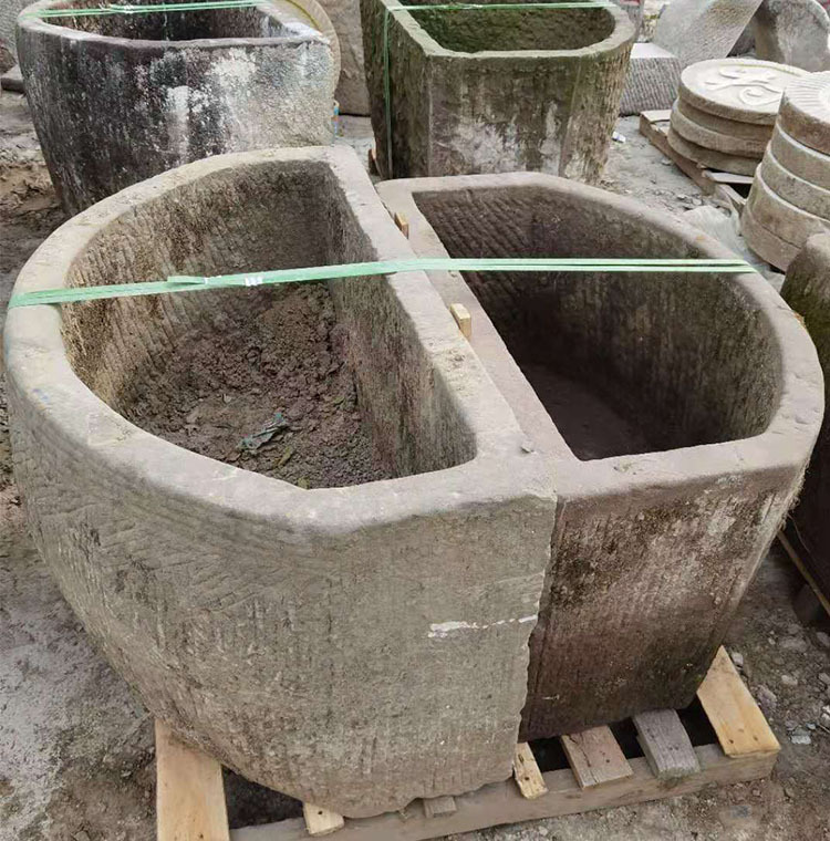 石雕元宝洗手盆老旧石槽老磨盘圆形鱼缸花盆室外洗手池庭院流水景