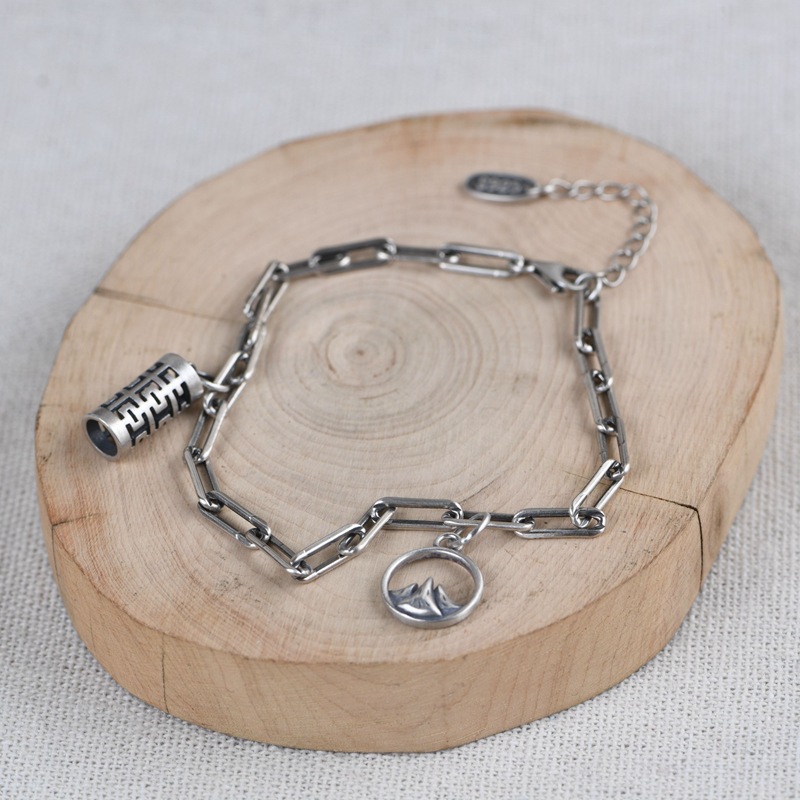 金鹿王 s925银泰银复古银饰批发 女款锁链喜字山峰吊坠挂件银手链