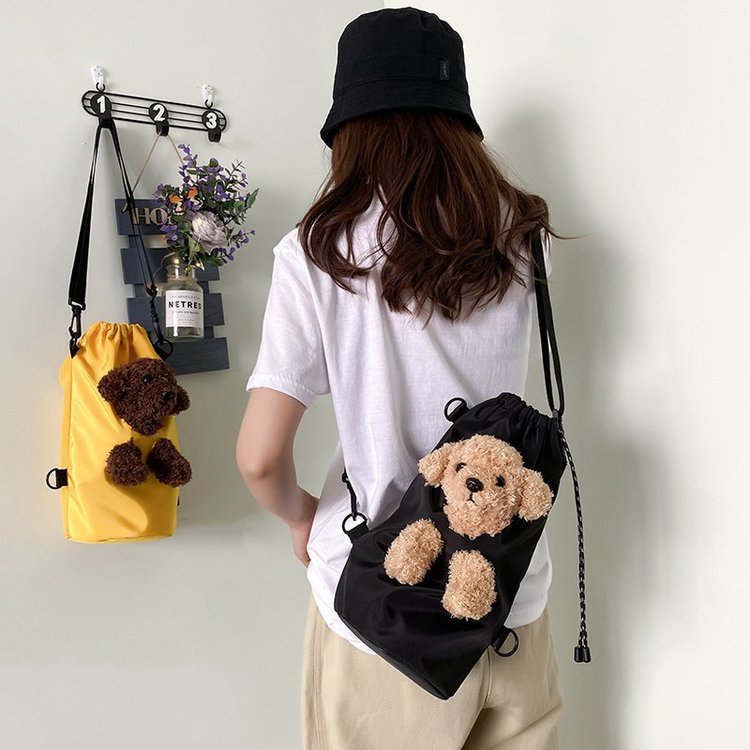 Japanese Harajuku Ins Soft Girl Cute Cartoon Plush Teddy Doll Crossbody Bag Funny Girl's Cute Drawstring Backpack