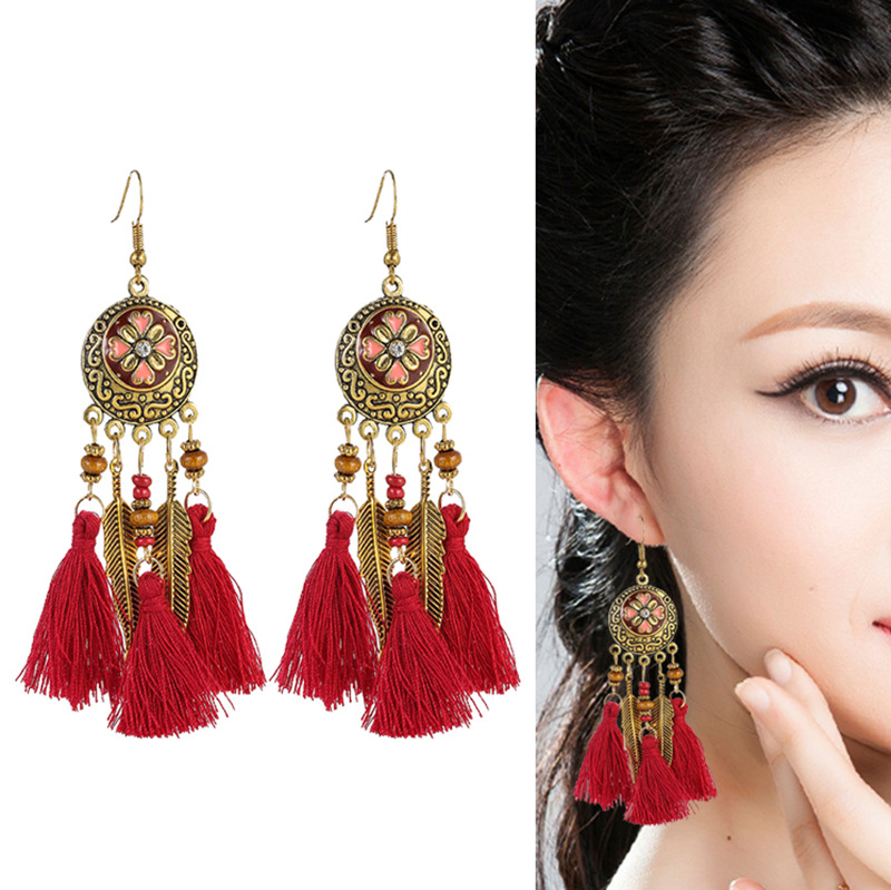 Retro Style Palace Long Tassel Bead Earrings round Carved Painting Oil New European and American Earrings Ethnic Style Jewelry