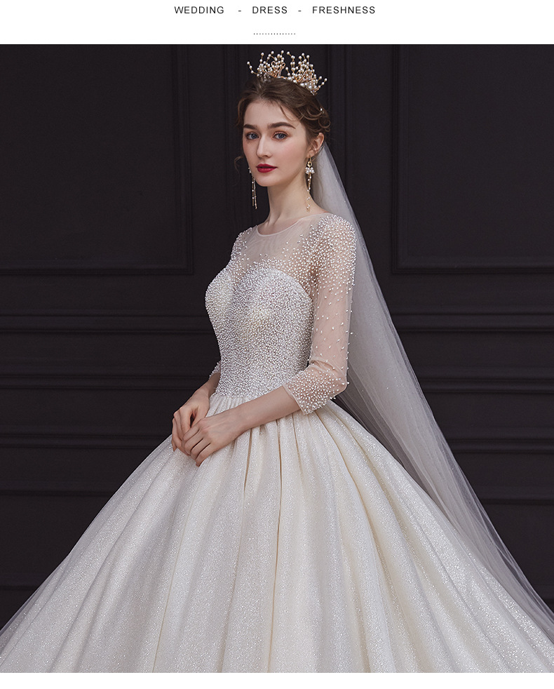 星空拖尾婚纱礼服2021新款气质新娘主纱重工奢华一字肩长袖小个子