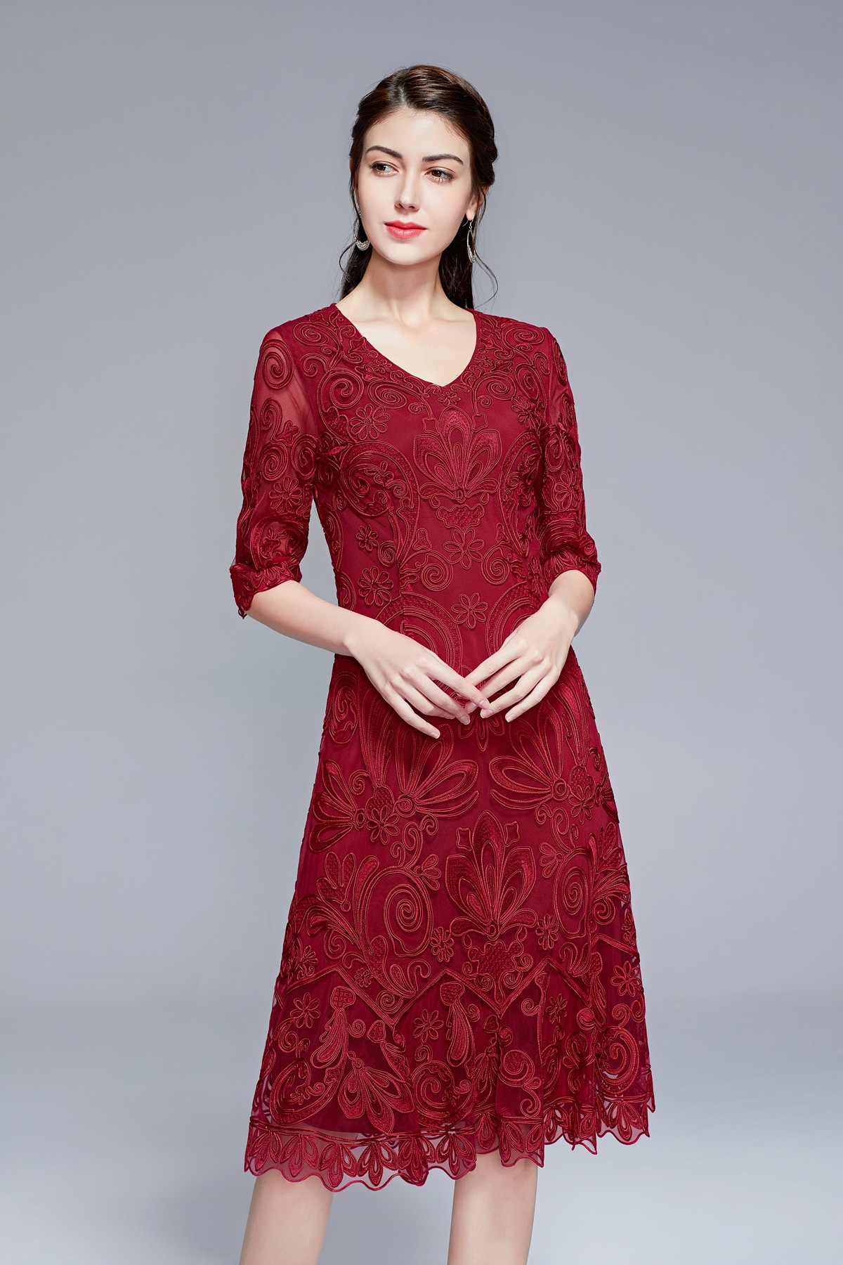 ane2020春夏新款女装 高端时尚气质优雅v领中袖妈妈装连衣裙-阿里巴巴