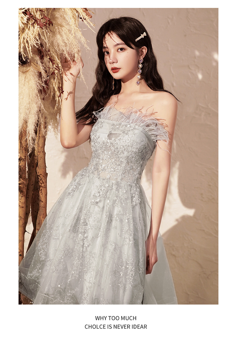 羽毛抹胸晚礼服短款性感小个子宴会生日名媛气质高贵亮片连衣裙女