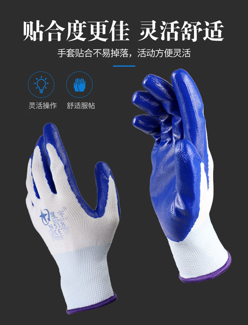 星宇手套n518n528劳保工作防护手套挂胶涂胶软胶工作防滑防水耐磨