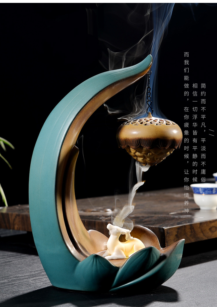中式莲花倒流香炉陶瓷仿古吊式香球禅意盘香炉香薰炉玄关装饰摆件