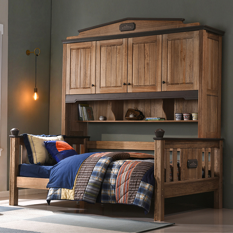 胡桃木衣柜床一体柜子床儿童床全实木组合床多功能小户型省空间床