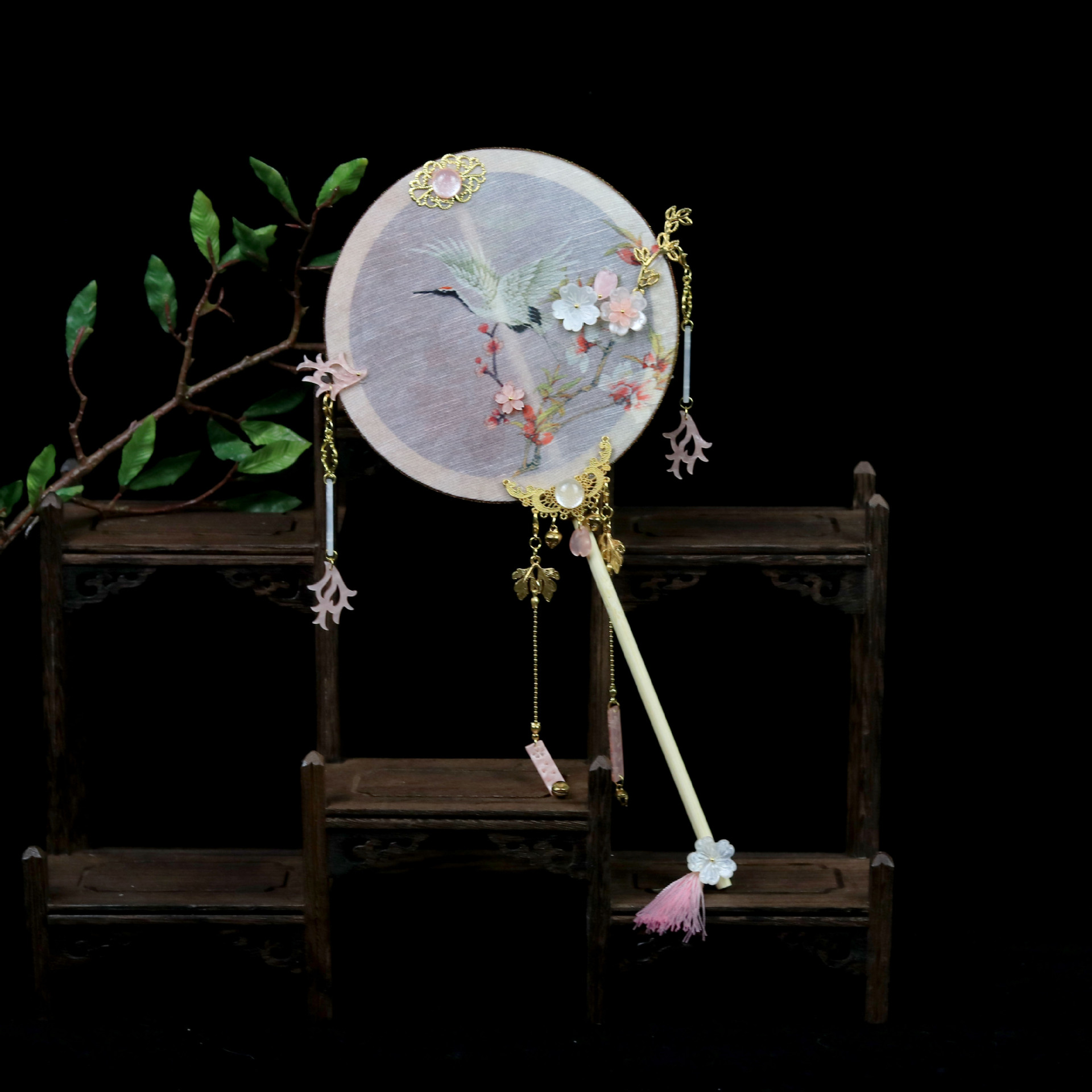 贰玥手工宫扇汉服古装长柄流苏团扇古风饰品复古团扇【繁花有期】