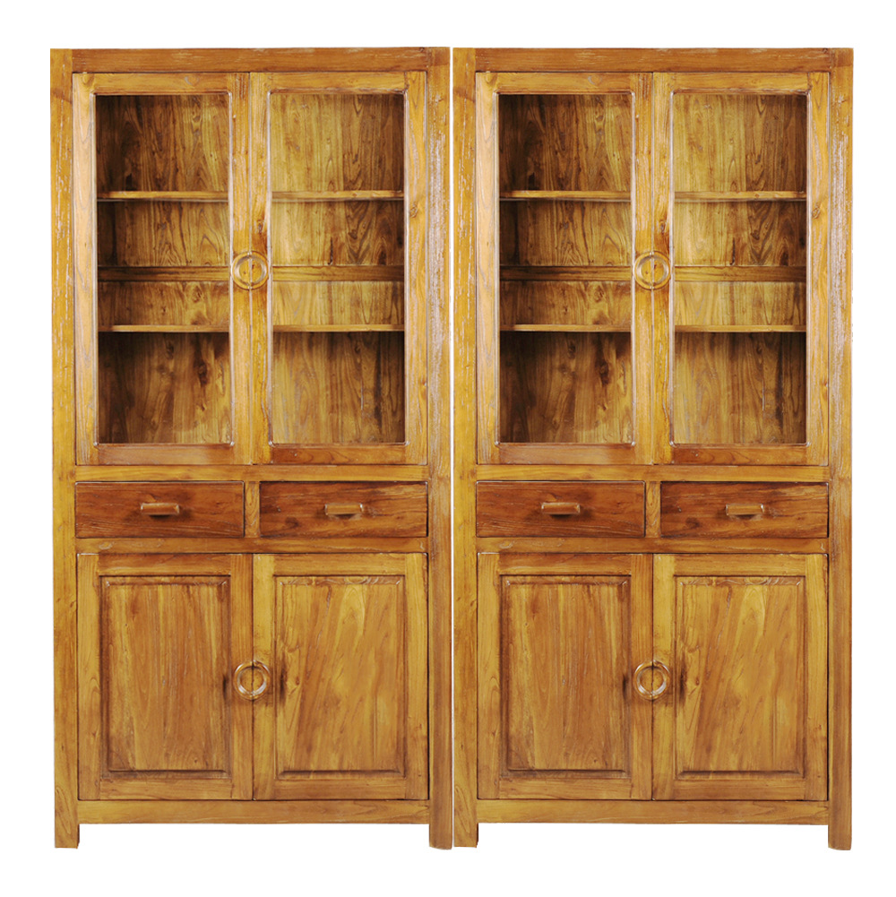 源头工厂 实木书柜老榆木书架家具办公室储物柜榆木书柜对开门柜