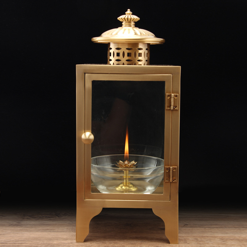 纯铜寺庙供佛灯户外酥油灯座防风防水油灯罩复古铜天灯佛道教用品