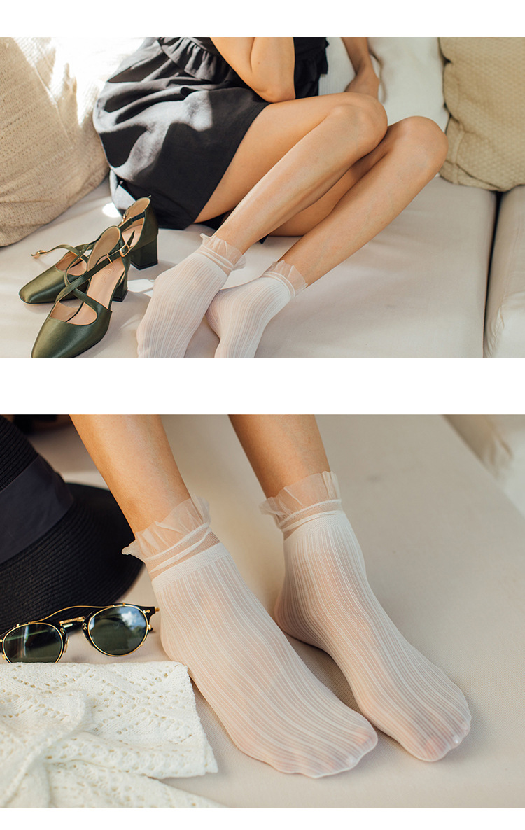 蕾丝袜夏季透明少女系玻璃袜网纱堆堆袜薄款蕾丝短袜对对仙女袜