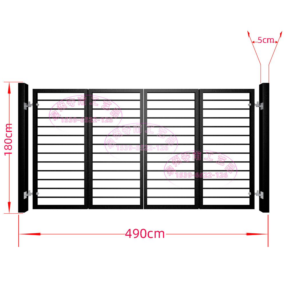 双开平顶大铁门,横向圆管(8mm)格栅铁门,4个双折门扇