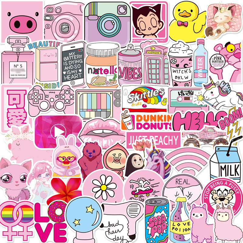 50张可爱粉色涂鸦贴纸卡通水杯笔记本平板行李箱防水装饰贴画批发