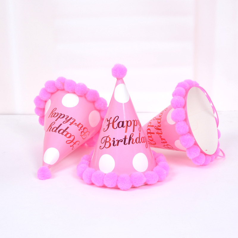 Wholesale Children's Adult Baby Birthday Party Hat Plush Ball Cap Dot Bronzing Party Birthday Hat Paper