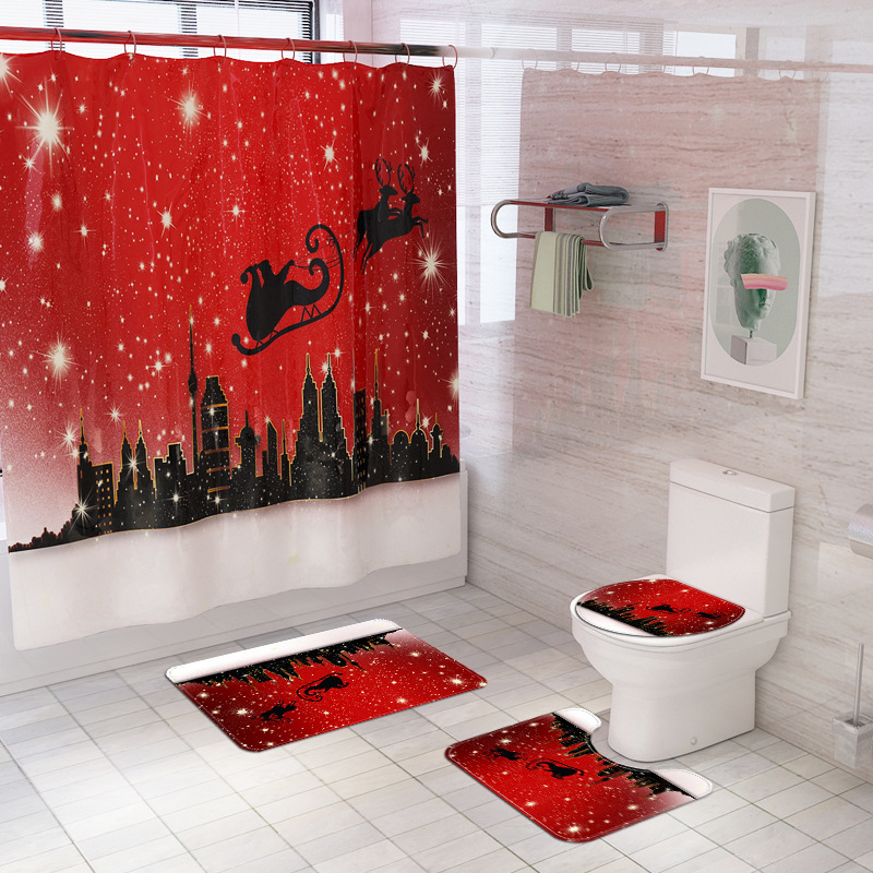 Exclusive for Cross-Border Christmas Element Printing Toilet Floor Mat Four-Piece Snow Christmas Tree Waterproof Shower Curtain DIY Pattern