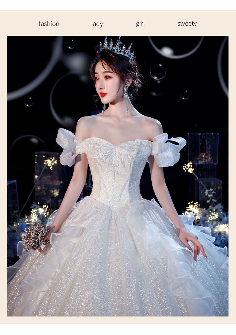 外贸轻婚纱礼服2020欧美新娘森系大拖尾宫廷风星空一字肩梦幻齐地