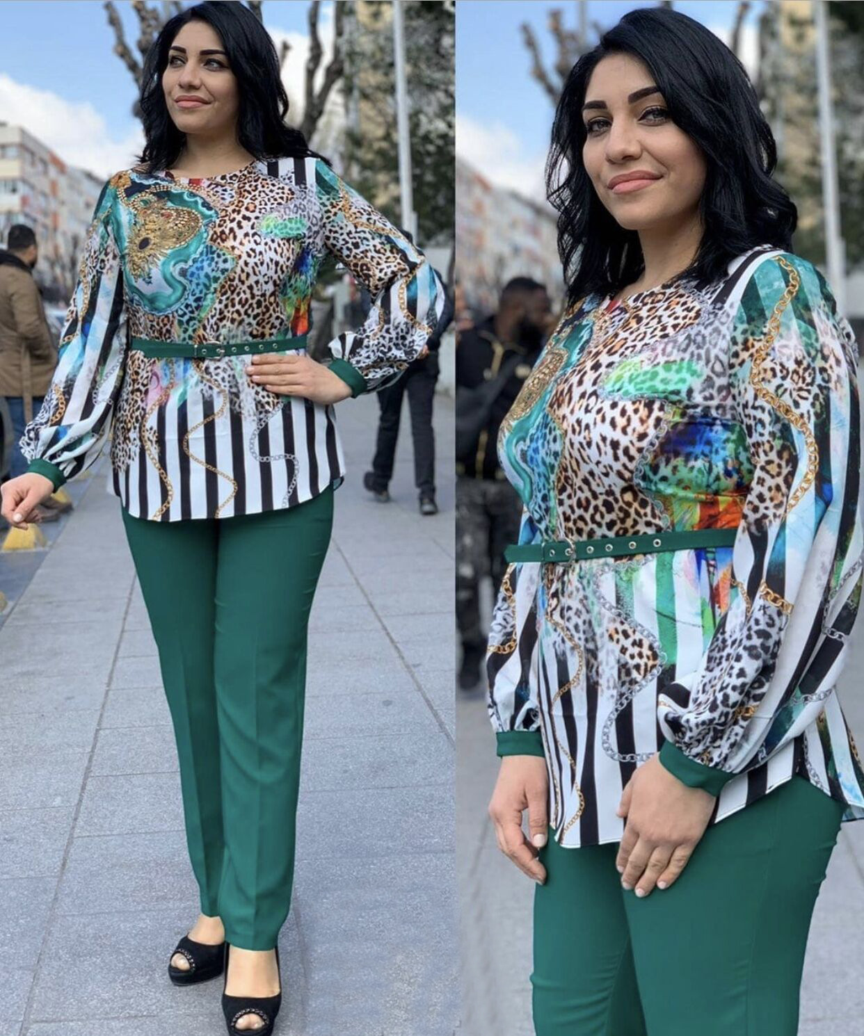 亚马逊速卖通非洲女装豹纹印花长袖圆领上衣铅笔直筒长裤两件套