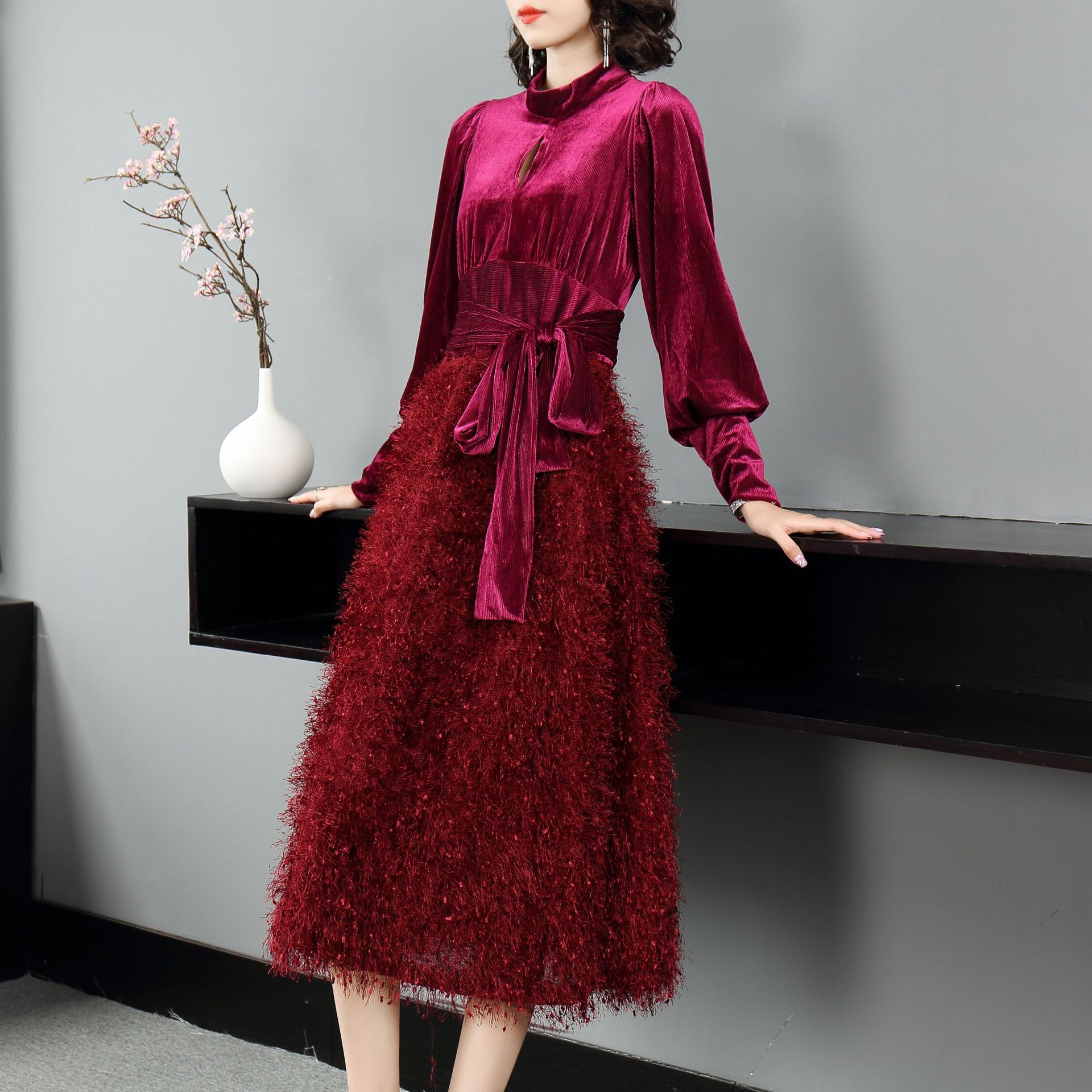 zy2020秋冬季新款女装 立领微弹丝绒拼接针织毛毛料时尚连衣裙