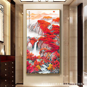 进门玄关装饰画鸿运当头挂画中式山水画国画招财风水靠山竖版壁画