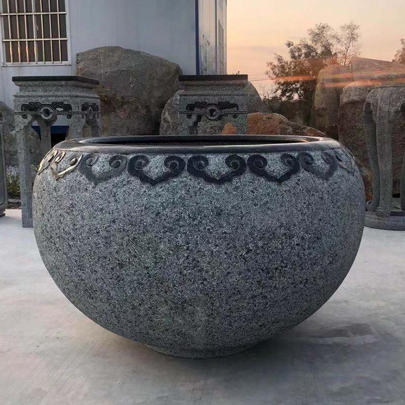 定制青石八宝鱼缸石材花岗岩做旧鱼缸石雕水缸仿古雕塑水缸