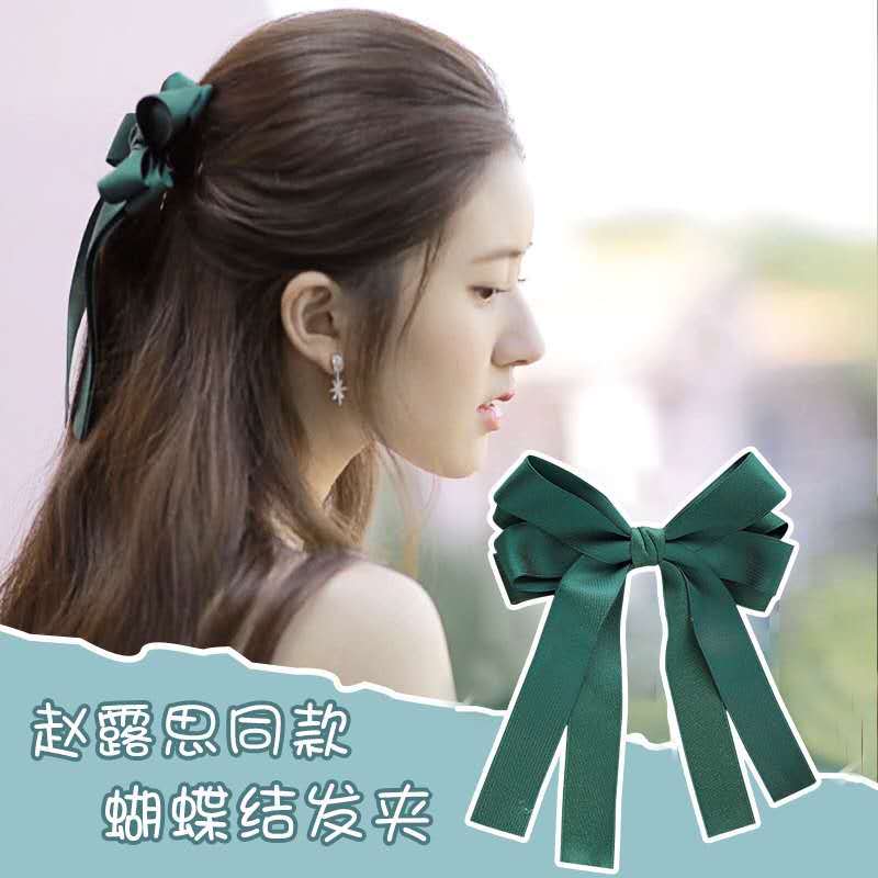 赵露思同款绿色蝴蝶结发夹后脑勺日系网红超仙飘带韩国风发卡头饰