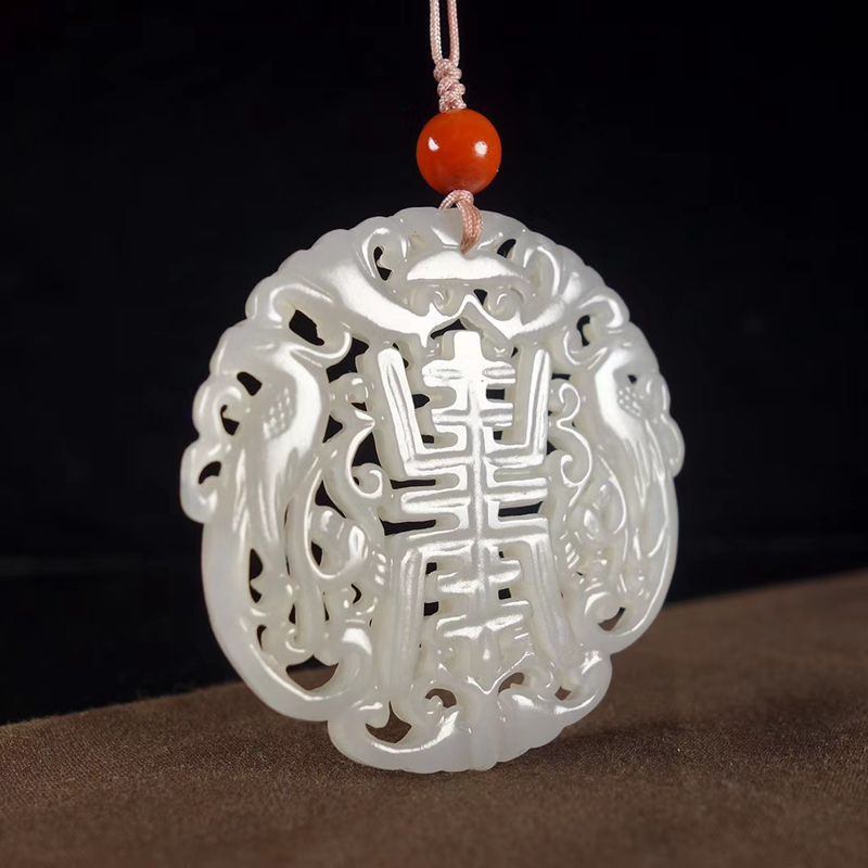 和田玉青海料淡淡烟紫色精雕福寿双全双面镂空工艺男女款吊坠带证