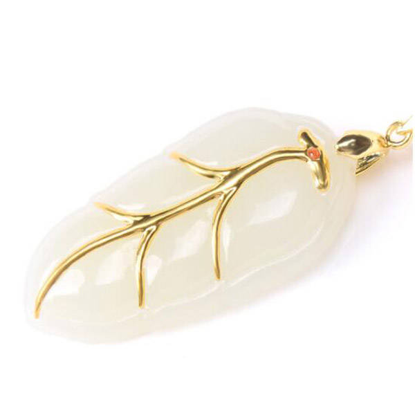 金镶玉金枝玉叶项链吊坠和田玉女款送母亲送女友好礼物【带证书】