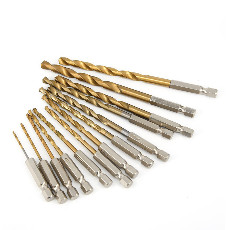 13PCs Hex Shank Twist Drill Head High Speed Steel Electric Drill Punching Wood Plastic Titanium Plated Twist Drill Sets