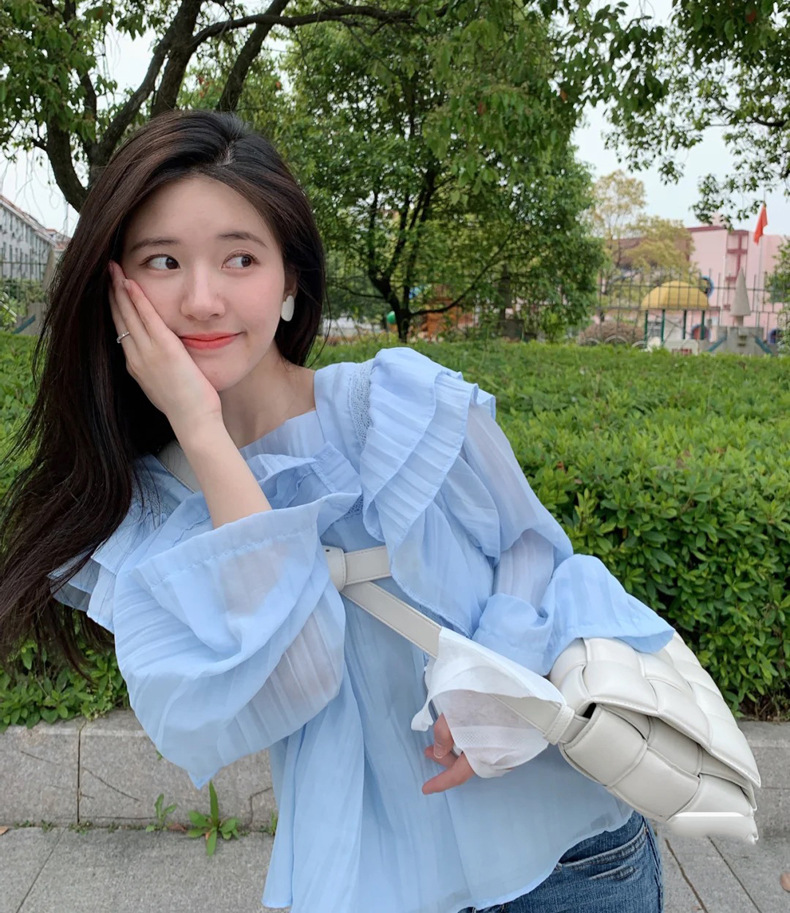 明星赵露思小红书同款蓝色荷叶边衬衫宽松超仙上衣牛仔裤套装女潮
