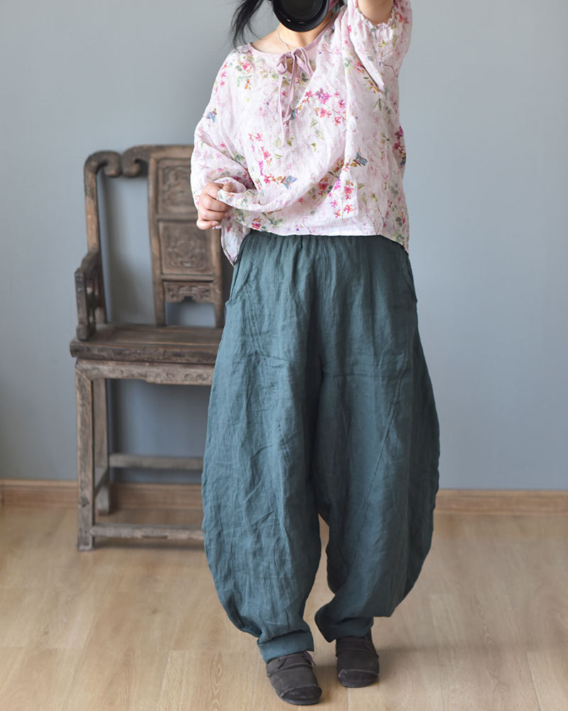 如意/原创亚麻立体裁剪宽松灯笼裤 松紧腰休闲打座裤坠感阔腿长裤