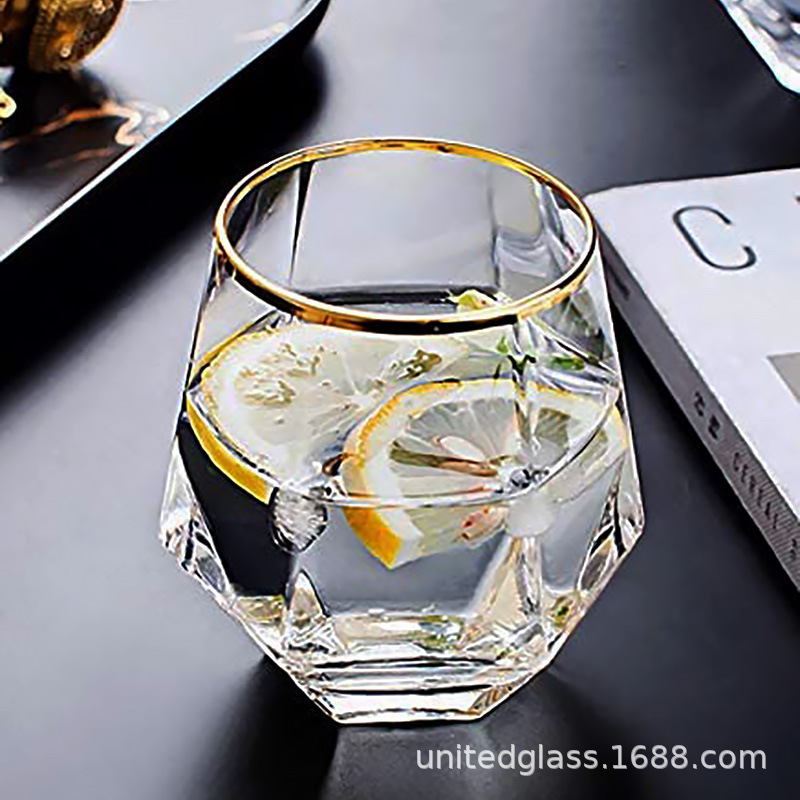 创意水晶钻石杯创意描金六棱玻璃杯家用果汁牛奶玻璃水杯定制