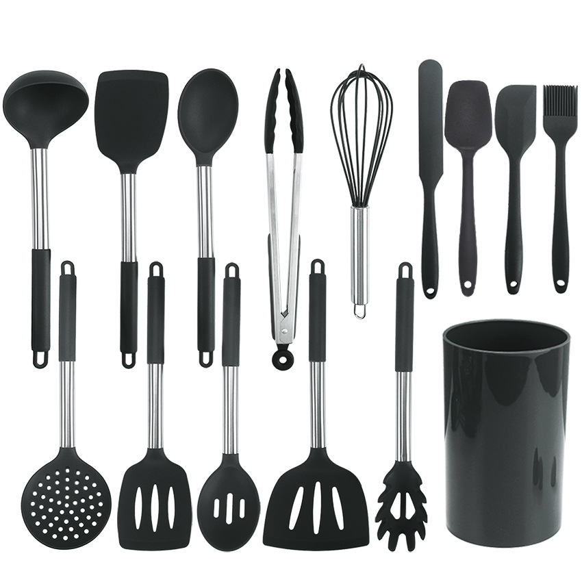 Hot Selling Kitchenware Set Black Stainless Steel Silicone Handle Kitchenware 15 Pieces Set Storage Bucket Kitchen Tools Ladel