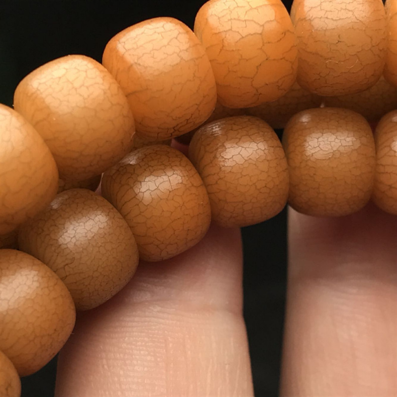 做旧藏传老蜡色开片菩提根108佛珠 菩提根圆珠桶珠念男女手链饰品