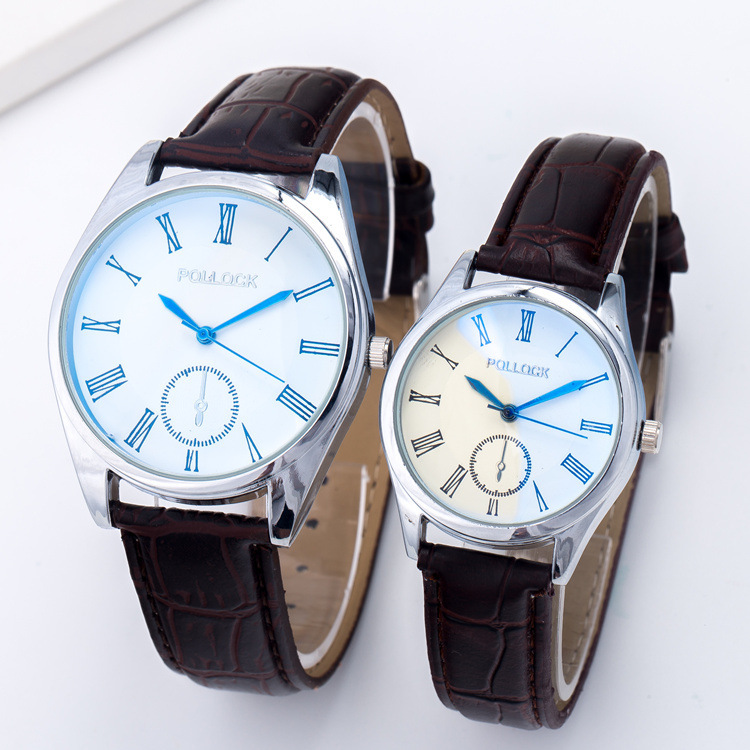 pollock情侣日历蓝光玻璃防水手表女款真皮表带男手表