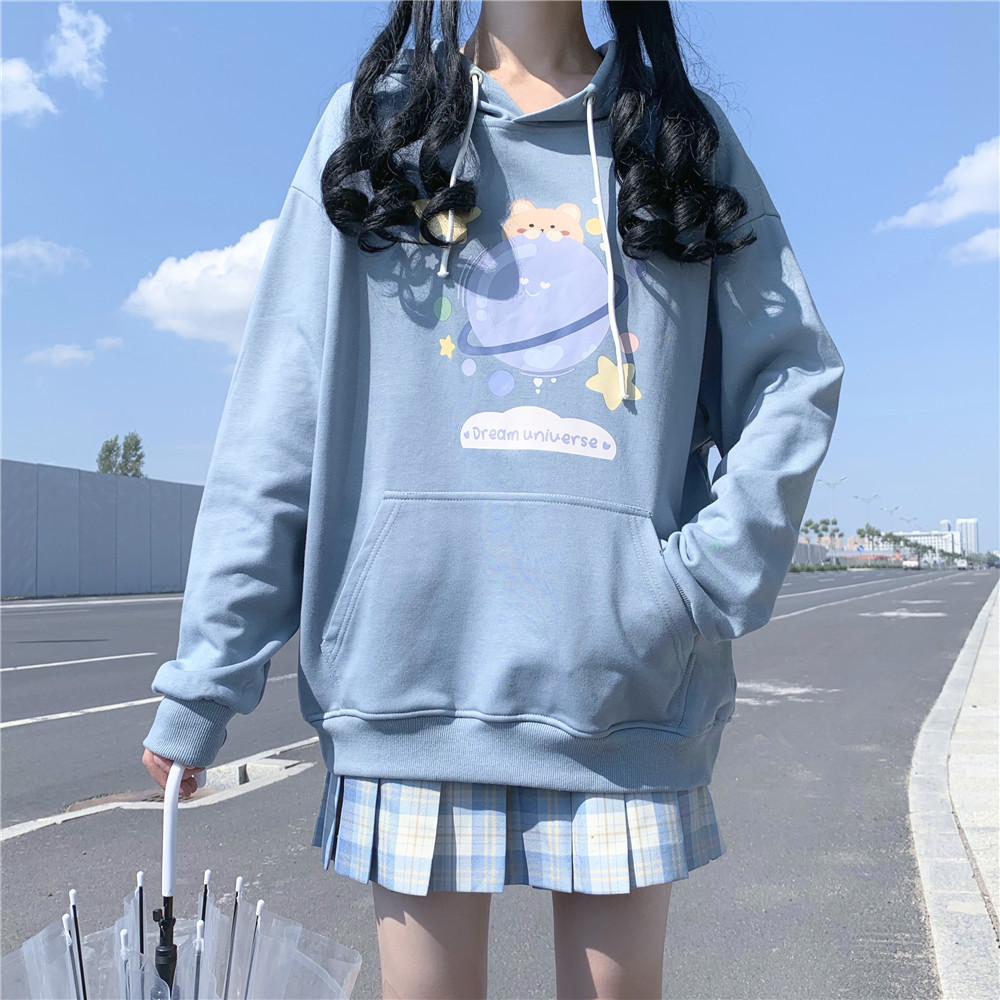 2022春季新款日系古着ins风格穿搭卡通连帽jk卫衣女宽松秋冬学生