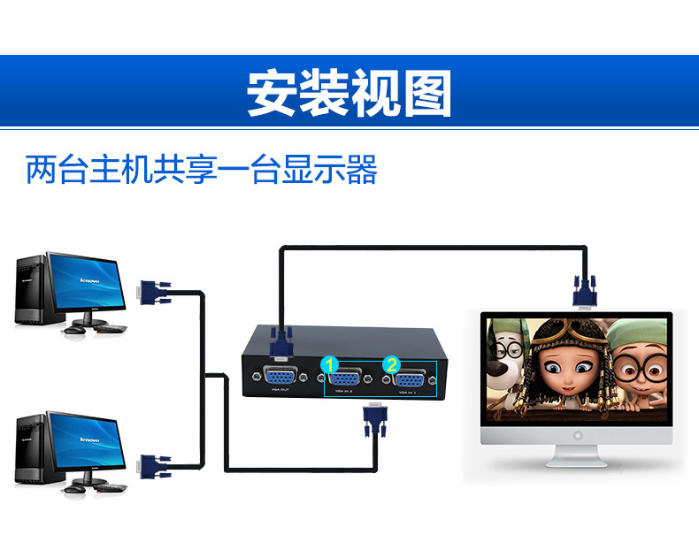 迈拓vga切换器视频显示器转换器主机电脑监控两口高清二进一出