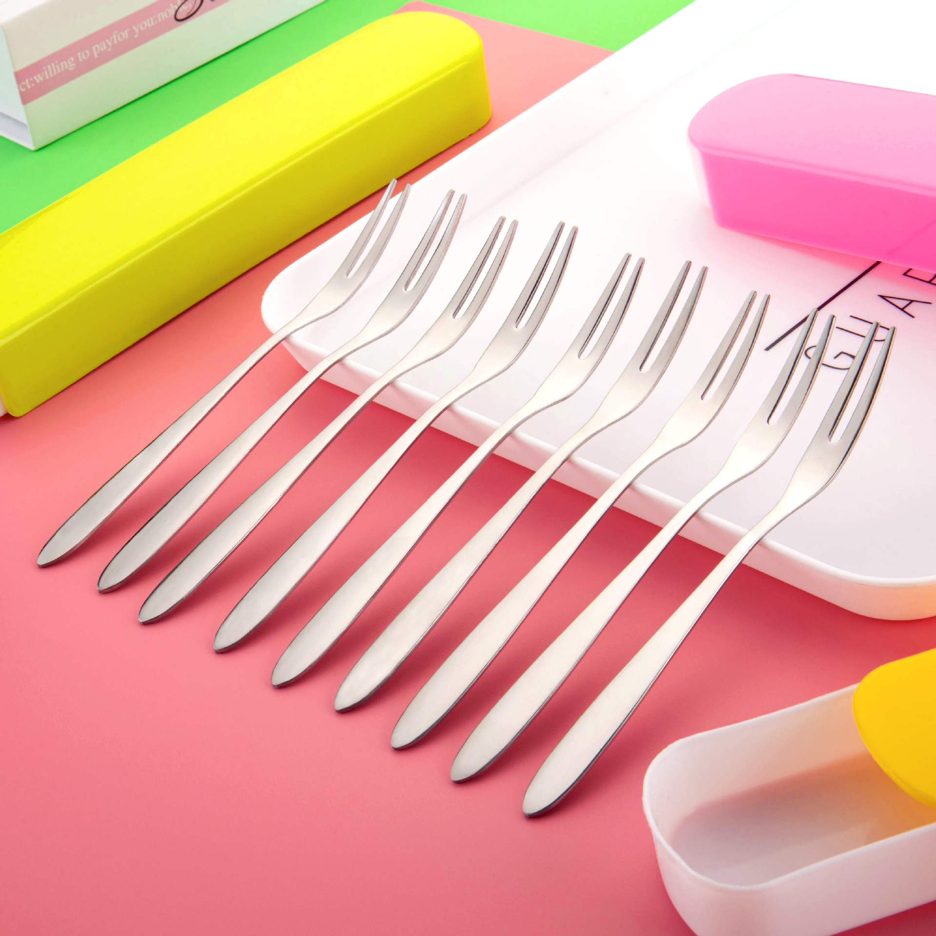 304不锈钢餐具水果叉 旅行便携月饼叉 光身二齿蛋糕叉创意甜品叉