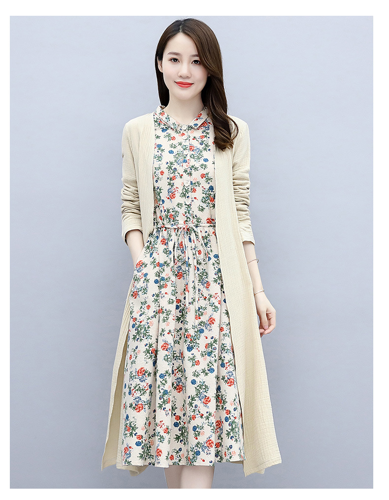 hrfswx0859新款时尚优雅气质中长款棉麻碎花连衣裙两件套y