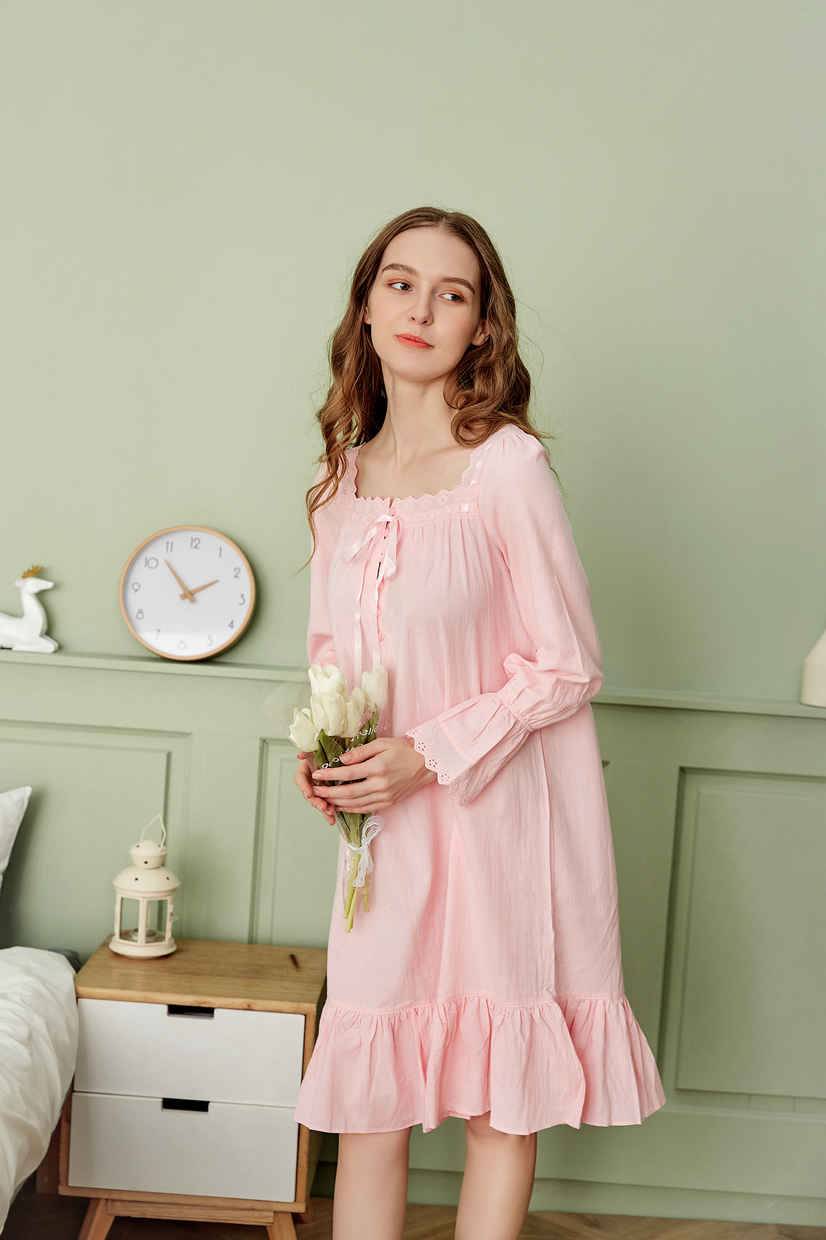 欧美爆款棉长袖公主短睡裙宫廷复古大码宽松花边外贸睡衣女特价