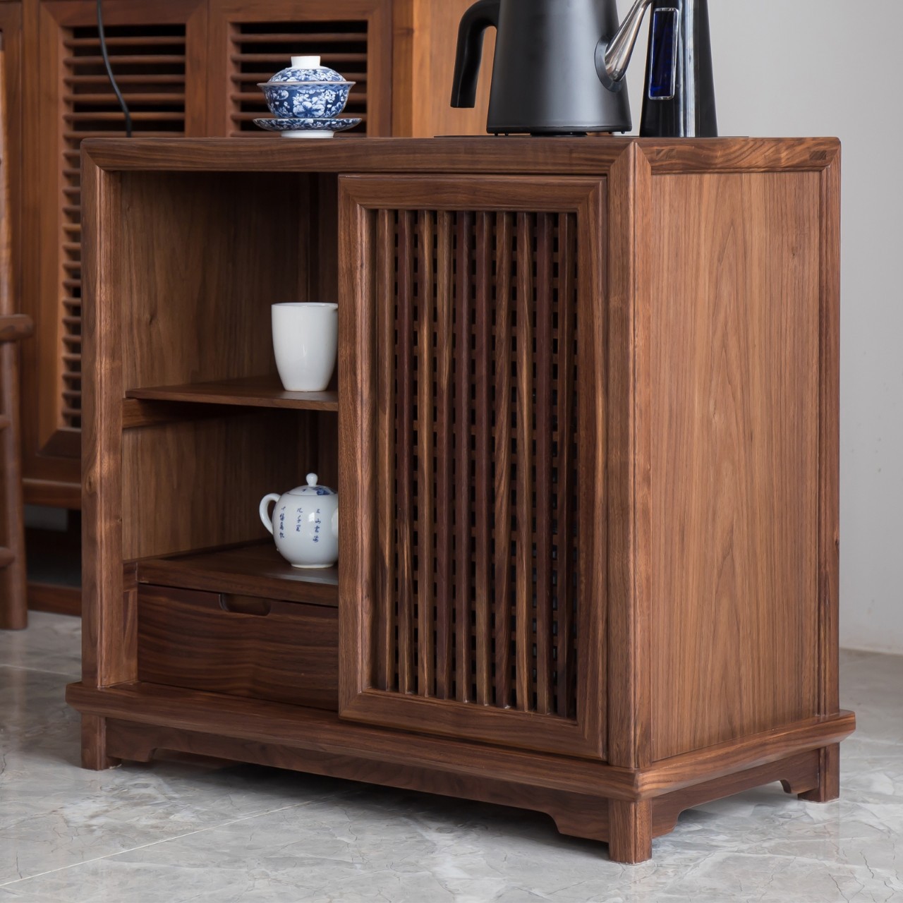 榆木家具 新中式茶水柜餐边柜办公室烧水柜移动茶台 茶柜茶台