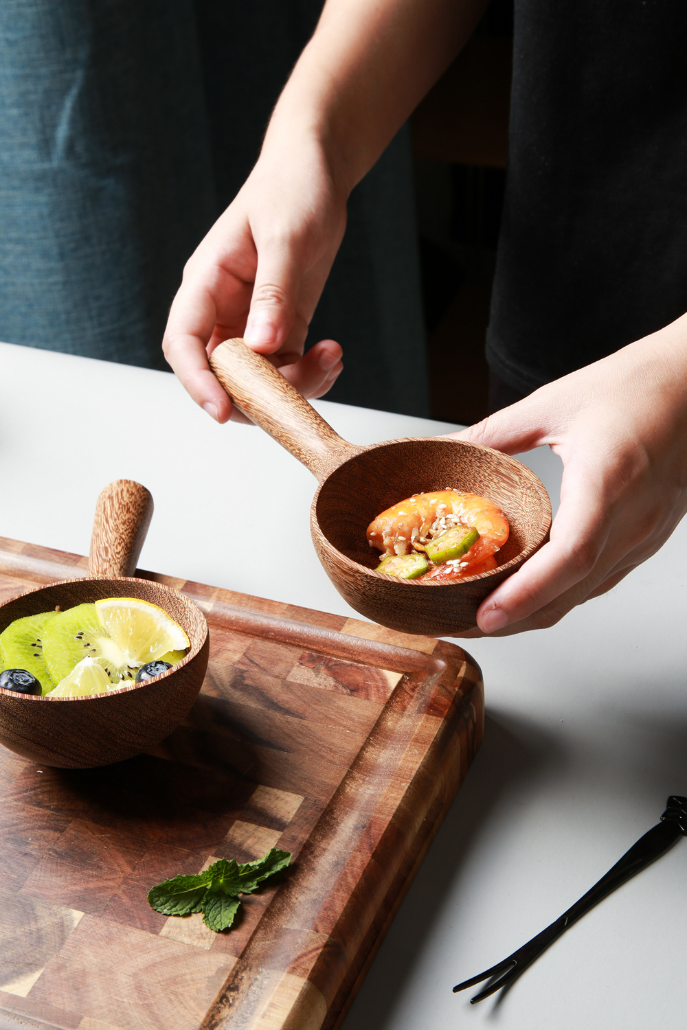 日式迷你实木水瓢家用米勺手拿碗淘米舀水带手柄厨房餐盘木碗木勺